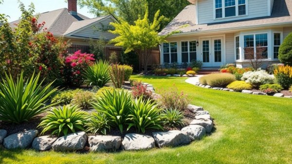 Charming garden with stone edging and lush plants.
