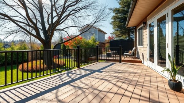 Composite decking Yorkshire, sunny garden with deck and railing.