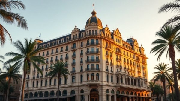Historic hotel at sunset amid bankruptcy news.