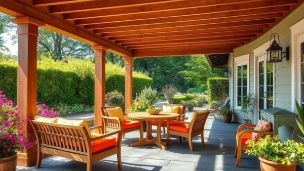 Elegant patio outdoor living area with garden view
