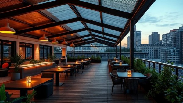 Modern covered outdoor dining space with stylish furniture and lighting.