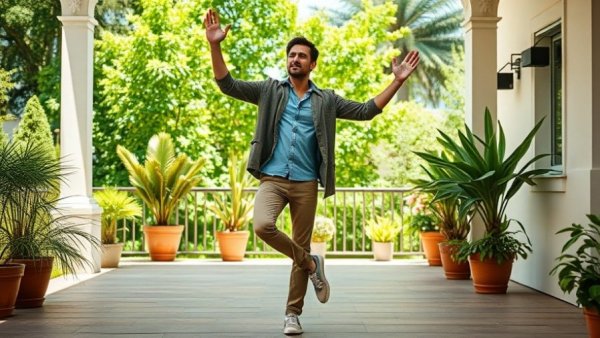 Casual man boosting balance and strength with outdoor exercise.