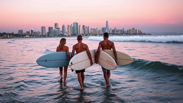 Surfers at sunset near city shoreline.