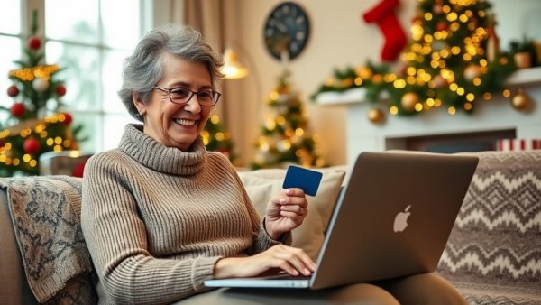 Older woman enjoying digital holiday shopping with festive decor.