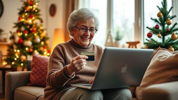 Elderly woman enjoying digital holiday shopping for seniors at home.