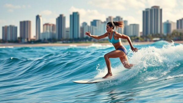 Young woman surfing in tropical blue waters, First Wave Project.