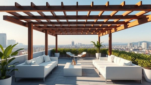 Modern covered roof terrace with stylish seating and greenery.