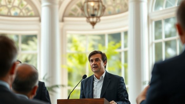Speaker addressing audience in formal setting with white pillars.
