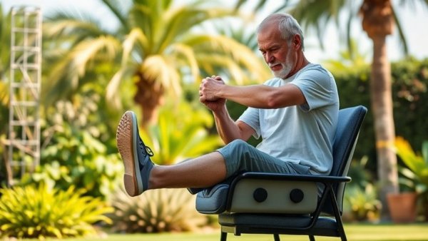 Senior demonstrating leg exercises in a sunny garden.