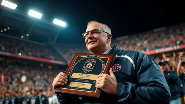 Triumphant coach holding award at Orange County football event.
