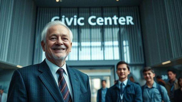 Bob Foster Civic Center with smiling man and young onlookers.
