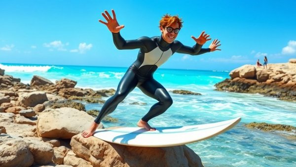 Surfer gesturing on Canary Islands beach, colorful cartoon.