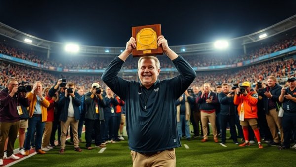 Celebration scene of coach with championship plaque at football event, Orange County football rankings.