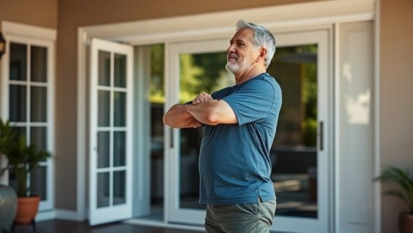 Middle-aged man demonstrating posture exercises, outdoor setting.