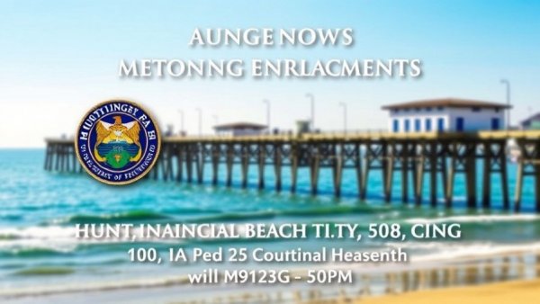 Huntington Beach City Council meeting announcement with pier.