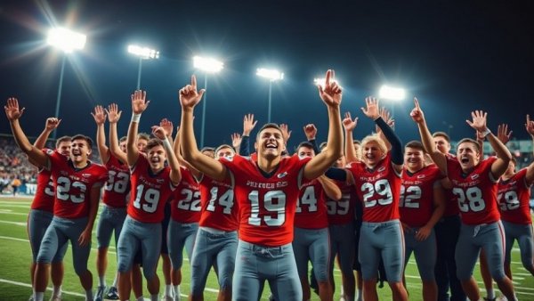 Orange County football team celebrating victory at night.