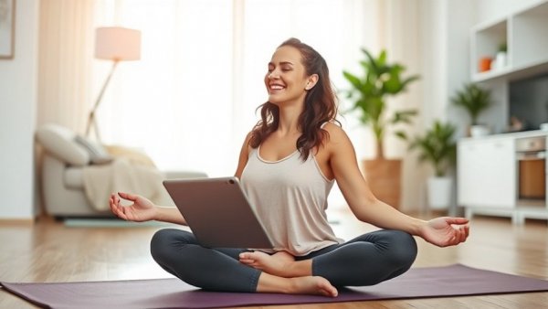 Joyful woman meditating while traveling in bright apartment.