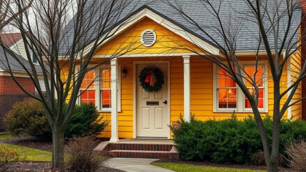 Cozy yellow cottage with festive decorations for older adults housing.