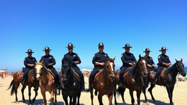 Mounted Enforcement Unit patrols beach with sunbathers and umbrellas.
