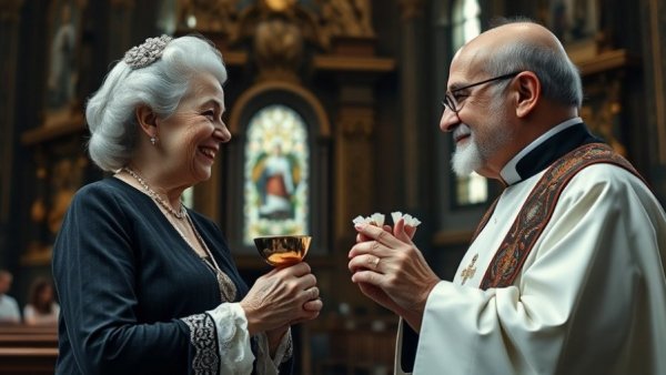 Glenn Close at 78 in elegant dress holding a chalice in church