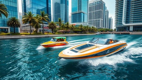 2028 Olympic Games water taxi service in a vibrant urban harbor.