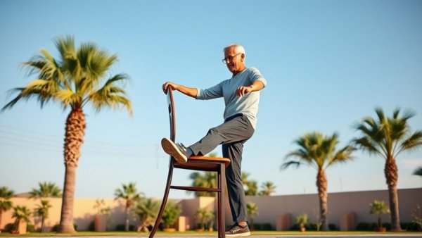 Middle-aged man demonstrating balance exercises outdoors in a garden.
