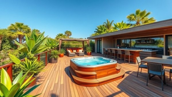 Luxurious deck design with hot tub and lush greenery.