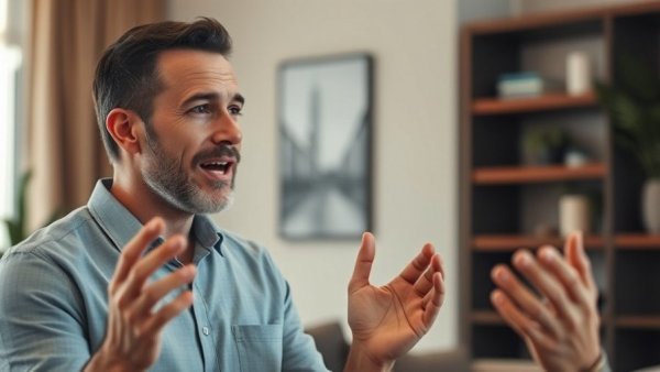 Man discussing health benefits indoors, modern decor, warm lighting.