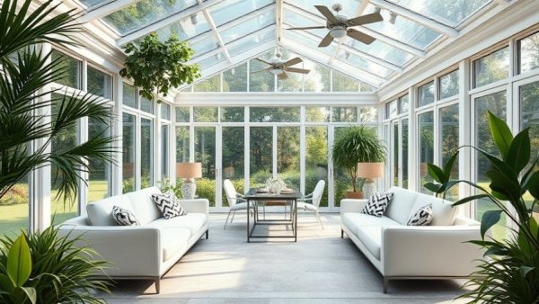 Luxurious glass porch seating area design with modern decor, ceiling fans.