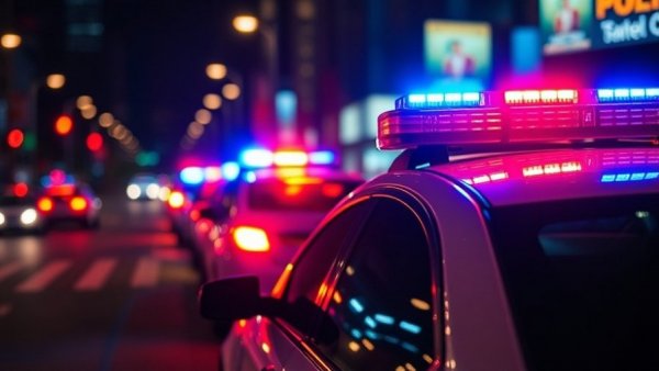 Police cars with flashing lights at Long Beach crime scene.