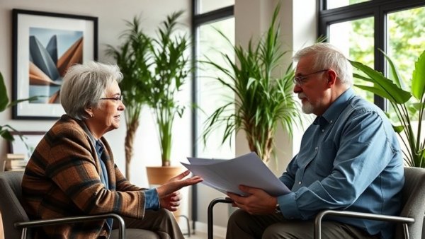 Seniors discussing year-end tax strategies in a modern office.
