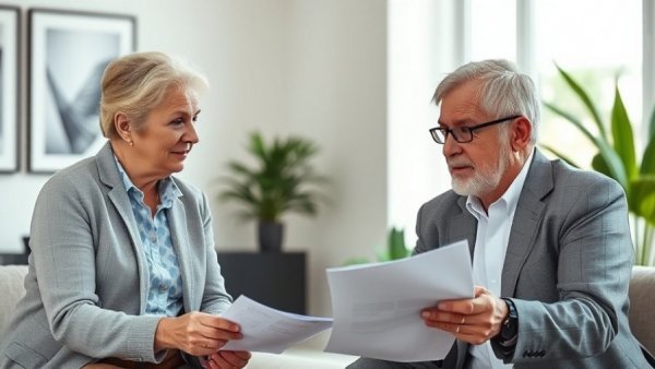 Seniors discussing year-end tax strategies with advisor at home.