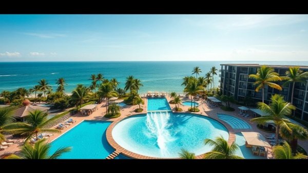 Artificial reef waves pool at tropical resort, surrounded by palm trees.