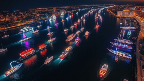 Aerial view of holiday boat parades in Orange County with festive lights.