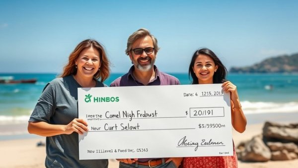 Boardmasters Foundation presents a donation check on a sunny beach.