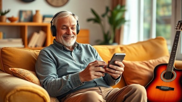 Elderly man using smartphone with headphones for family safety apps