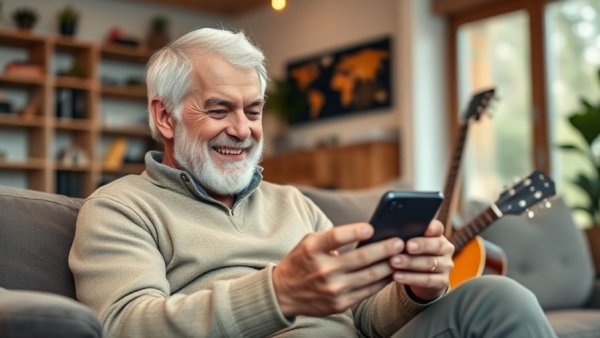 Elderly man using smartphone, family safety apps, cozy living room.