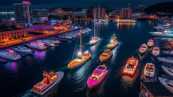 Colorful Orange County holiday boat parade at night.