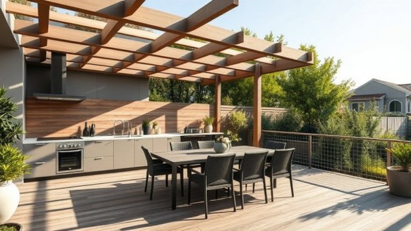 Outdoor deck kitchen design ideas with modern setup and lush surroundings.
