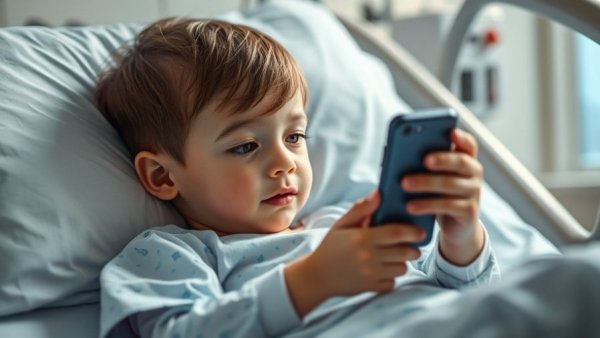 Child in hospital bed using device, highlighting declining pediatric services.