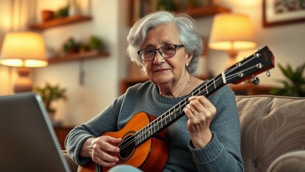 Elderly woman connecting through music online.