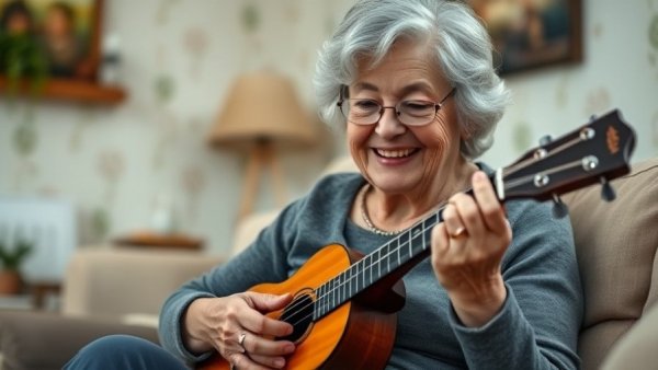 Delighted elderly woman playing ukulele online, Finding Community Through Music.
