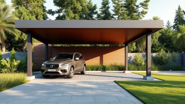 Modern carport design with wooden slats and SUV, showcasing front yard elegance.