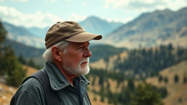 Elderly man in a serene mountain landscape, Kelsey Grammer's Journey at 70.