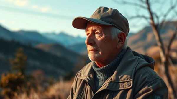 Elderly man outdoors with a cap, thoughtful expression, mountains behind.