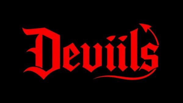 Evil HR Lady logo with devil horns and tail on black background for HR training compliance