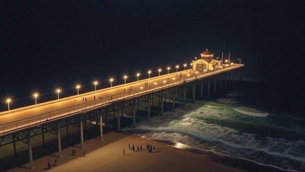 Night view of Huntington Beach pier with lights and gathering.