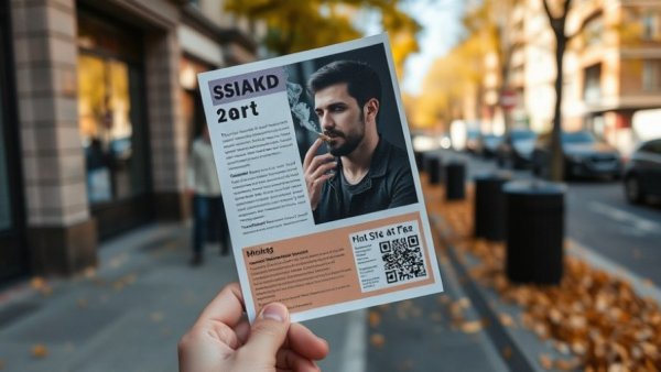 Flyer with smoking man event details held outdoors near fallen leaves.