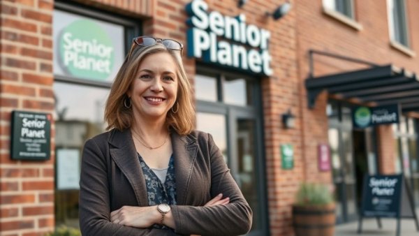 Woman at Senior Planet Lowry CO entrance, smiling confidently.
