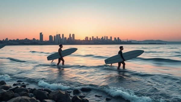 Surfers walking with boards at sunrise, ocean cityscape.